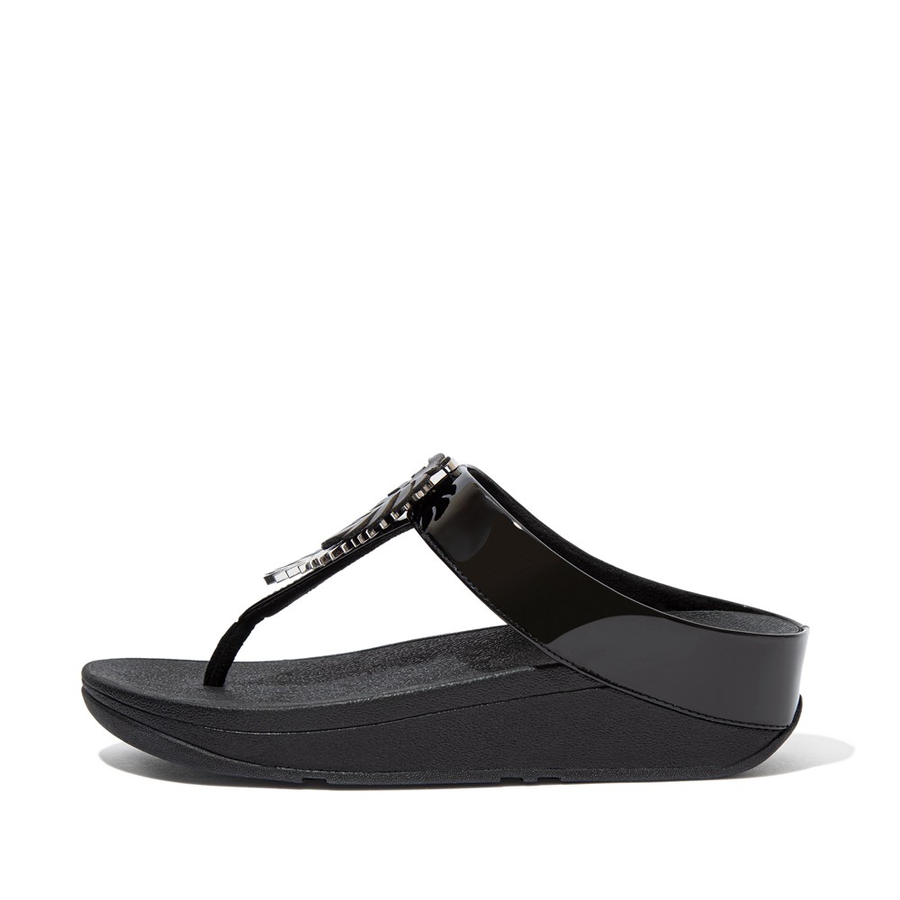 Fitflop Womens Sandals - Fino Jungle-leaf Patent Toe-post - Black - 307-RZKFLM
